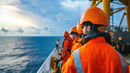 Oil workers, wearing helmets and personal protective equipment, stand on an oil rig in the ocean surrounded by water and the sky. AIG41の素材