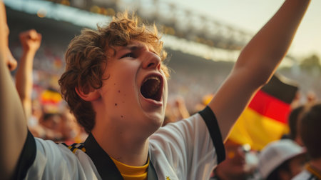 A fan cheers with arms raised among a lively crowd at a sports competition event. AIG41の素材