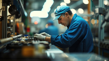 An engineer is operating a machine in a factory, utilizing engineering skills and working with metal. AIG41の素材