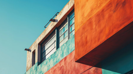 The colourful structure under the bright clear blue sky with the ray of light from brightest sun that cover most part of the building but even that the structure still left some the shadow. AIGX03.の素材