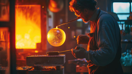 A man blowing glass near a fire, displaying his skill while heating the molten material. AIG41の素材