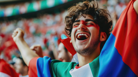 A happy fan at a public event in a stadium, holding an Italian flag with a smile and making a gesture, while enjoying the fun and leisure with a cheering crowd. AIG41の素材