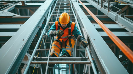 A man in workwear with a red jumpsuit, helmet, and engineering tools stands on a ladder in a building amidst the citys steel and metal structures. AIG41の素材