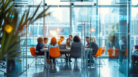 A crowd of real estate professionals gather in a glass conference room, sharing ideas and having fun during a building event. AIG41の素材