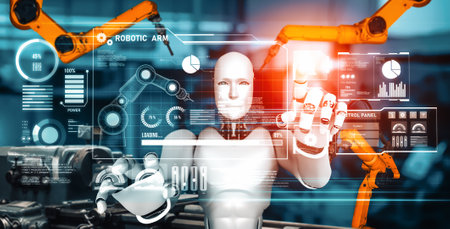 XAI Mechanized industry robot and robotic arms for assembly in factory production. Concept of...