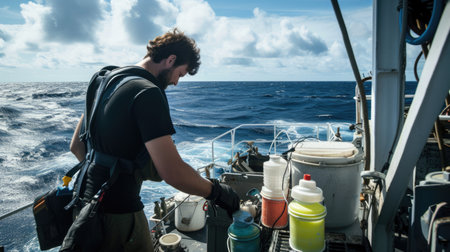 A marine scientist examines water samples on a research vessel, conducting environmental analysis on the open sea. AIG41の素材