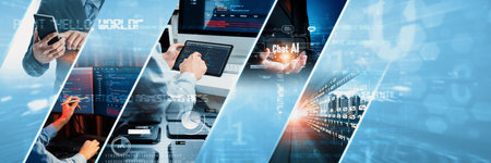 Computer programming, coding and AI artificial intelligence software development engaged by skilled...
