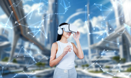 Female standing and wearing white VR headset and white sleeveless connect metaverse, future...