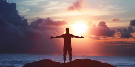 successful man celebrate his victory in sunset pragmaの素材