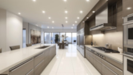 A deliberately blurred image showcasing a spacious, modern kitchen interior, ideal for background use or design mockups. Resplendent.の写真素材