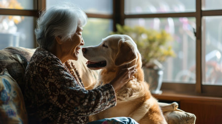 happy people at home with favorite pet , love and friendship of human and animal pragmaの素材
