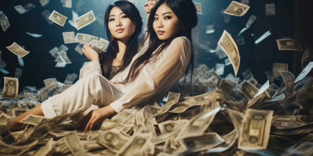 Billionaire on Huge Pile of Banknotes Rich and Prosperity Comelinessの素材