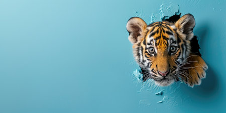 Close up view picture of the hollow blue hole on the the wall that show the tiger stay inside the wall that has been made from some material yet still can be break to look through other side. AIGX03.の素材