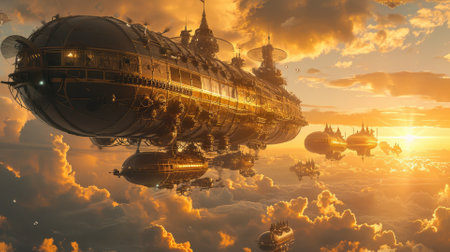 Fantasy steampunk airships float amongst clouds against a dramatic sunset backdrop, evoking adventure and exploration. Resplendent.の素材