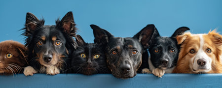 The picture of front view and close up of the multiple group of the various cat and dog in front of the bright blue background that look back to the camera with the curious and interest face. AIGX03.の素材