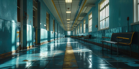 The great long bluish hallway that inside the architecture that look similar to the hospital with the bench that stay on the shiny cleaned floor that reflect a light in the brightest morning. AIGX03.の素材