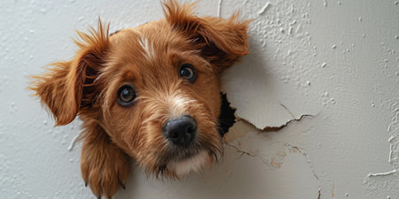 Close up view picture of the hollow white hole on the the wall that show the dog stay inside the wall that has been made from some material yet still can be break to look through other side. AIGX03.の素材