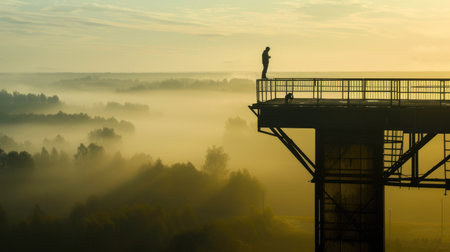 A construction worker stands on an elevated platform, overseeing a foggy industrial site, ensuring safety and project progress. AIG41の素材