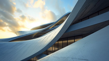 The highrise curved reflective architecture under the brightest clear sky day that a large and uncountable amount of room and curved mirror or curved glass that can reflect light form the sun. AIGX03.の素材