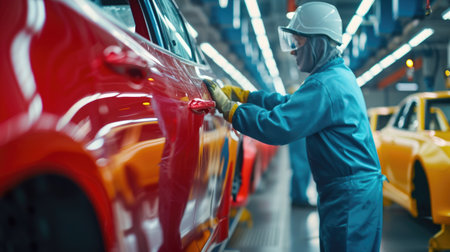 A man is working on a car in a factory, focusing on tires, wheels, automotive lighting, and design. AIG41の素材