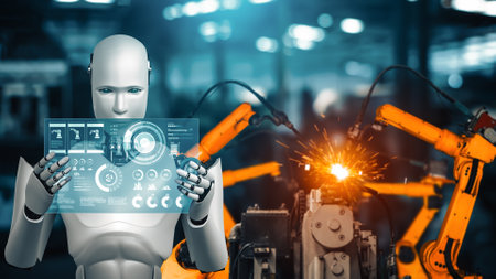 XAI Mechanized industry robot and robotic arms for assembly in factory production. Concept of...