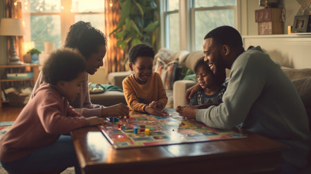 A joyful family gathers around a table, sharing smiles and laughs while playing a board game, creating a fun and leisurely event in their cozy room. AIG41の素材