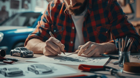 A man, using his hand and fingers, is making a gesture while drawing a car on a piece of paper, showcasing his artistic and engineering skills. AIG41の素材
