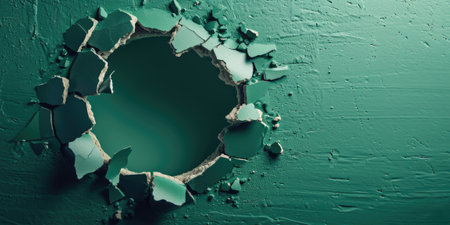 Close up view picture of the hollow green hole on the the wall that show the breaking part of the wall that has been made from strong material yet still can break to look through other side. AIGX03.の素材