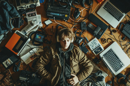The top view of picture that about young scandinavian human that laying down and listening to the music and focused in the full of the thought and music with room that surrounded with devices. AIGX03.の素材