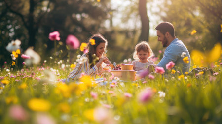 A happy family gathered in a natural landscape, enjoying a picnic amidst blooming flowers, lush grass, and under the warm sunlight. AIG41の素材