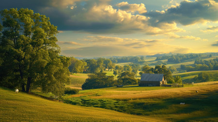 A serene landscape showcasing a rustic farmhouse with a red roof, surrounded by green pastures and grazing cattle under a dramatic stormy sky. Resplendent.の素材