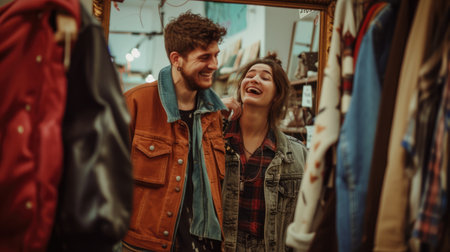 In the crowded city store, under the dim street lights, a man and a woman exchange smiles, creating an artful moment of connection. AIG41の素材