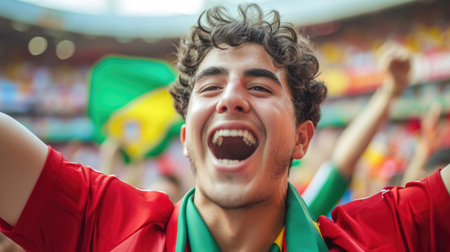 A fan wearing a hat joyfully shouts and waves the Portuguese flag in the stadium among the entertained crowd during the event. AIG41の素材