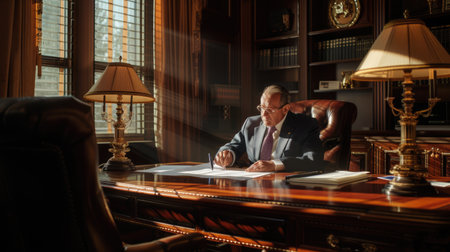 A focused executive evaluates paperwork in the prestigious setting of a wood-paneled office, reflecting professionalism and determination. AIG41の素材