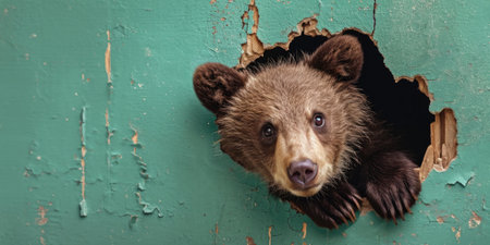 Close up view picture of the hollow green hole on the the wall that show the bear stay inside the wall that has been made from some material yet still can be break to look through other side. AIGX03.の素材