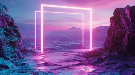 The great pink floating rectangle beyond the river that surrounded with a lot amount of the tall mountains at the dawn or dusk of the daytime that shine light to the every part of the picture. AIGX03.の素材