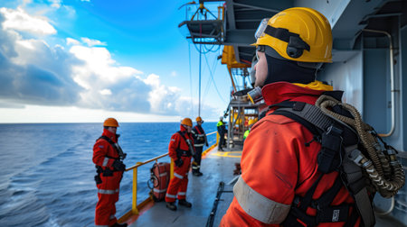 Oil workers, wearing helmets and personal protective equipment, stand on an oil rig in the ocean surrounded by water and the sky. AIG41の素材