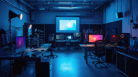 The interior design of this large room includes tables, stools, and a wall-mounted screen, creating a functional and stylish space with furniture and fixtures. AIG41の素材