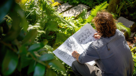 An overhead view of a landscape architect analyzing garden design plans amidst a lush green setting. AIG41の素材