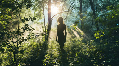 The picture of the young or adult female human doing the standing pose for relaxation or meditating the mind in the middle of the nature under bright sun in the daytime of a dawn or dusk day. AIGX03.の素材