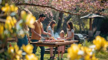 A man, wearing a hat, cooks food on a grill, surrounded by a group of people, sharing a leisurely cooking event under a tree with grassy surroundings. AIG41の素材