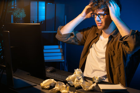 Stressful creative manager working with overworked project surrounded crumpled papers while waiting...