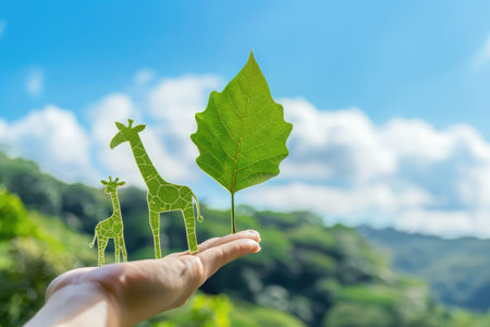 nature art of leaf carved into animal shape showing concept of sustainability and environmental conservation. aigx04の素材