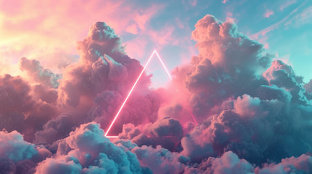 The great pink neon floating triangle beyond the sky that surrounded with cloudscape at the dawn or dusk time of the day that shine neon light and bright to the every part of the endless sky. AIGX03.の素材