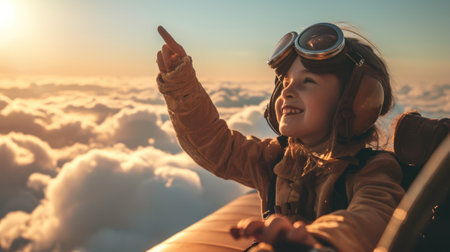 The side view of the picture that has the child flying into the bright sky with the aviator costume and the pair of goggles under the bright light of the bright sun with the happy smile face. AIGX03.の素材
