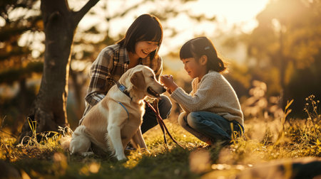 playful dog and its owner in nature outdoor , healthy lifestyle pragmaの素材