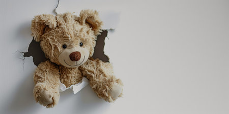 Close up view picture of the hollow white hole on the the wall that show the teddy stay inside the wall that has been made from some material yet still can be break to look through other side. AIGX03.の素材