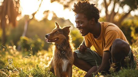 playful dog and its owner in nature outdoor , healthy lifestyle pragmaの素材