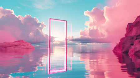 A metallic pink square portal in the middle of the clear river that connected to the ocean that surrounded with a pile of the pink sand and pink desert under the cloudy sky in the sunny day. AIGX03.の素材