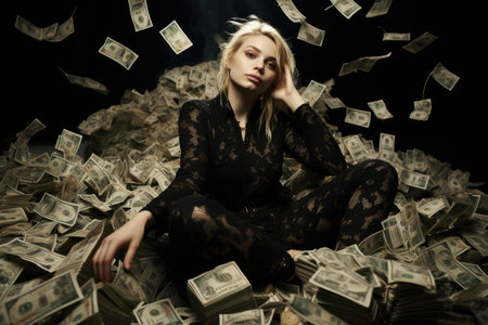 Billionaire on Huge Pile of Banknotes Rich and Prosperity Comelinessの素材